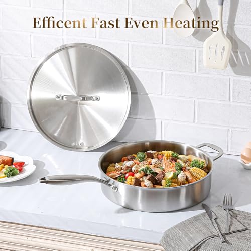 DELARLO 7QT Saute Pan Jumbo Cooker 5 Ply Stainless Steel Pan, 12Inch Deep Frying Pan with Steel cover, Kitchen Large Skillet,Heavy Duty Style Compatible With All Cooktops Up to 650℉