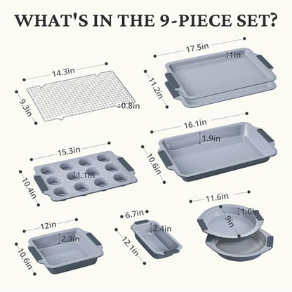 BRONYPRO Nonstick Ceramic Bakeware Set (9 Pieces),Heavy Duty Aluminized Steel Bakeware - Baking Set with Silicone Handles,Includes Sheet Pans,Loaf Pan,Muffin pan,Cake pans,PTFE & PFOA Free - Blue Gray
