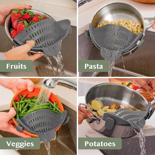 Kitchen Gizmo Snap N' Strain - Silicone Pasta Strainer Clip-On for Pots and Pans - Heat Resistant Colander for Vegetables and Noodles - Kitchen Gadgets for Cooking - Space-Saving Design - Gray