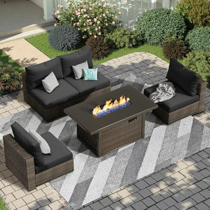 TANGJEAMER 5 Piece Patio Furniture Set with Fire Pit Table, Outdoor Sectional Sofa PE Rattan, Patio Conversation Sets with Cushions for Garden Lawn Balcony Porch Deck Black