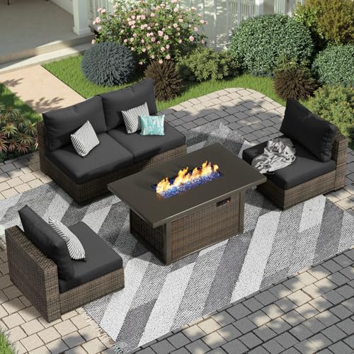 TANGJEAMER 5 Piece Patio Furniture Set with Fire Pit Table, Outdoor Sectional Sofa PE Rattan, Patio Conversation Sets with Cushions for Garden Lawn Balcony Porch Deck Black