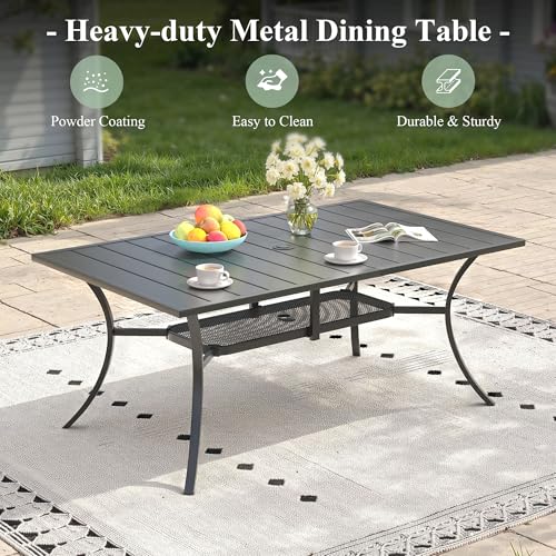 ARKOST Outdoor Dining Set for 6, 59.2" Outdoor Dining Table with Umbrella Hole and Padded Textilene Patio Swivel Chairs, 7 Pieces Patio Table and Chairs Set for Garden Backyard, Mixed Brown and Black