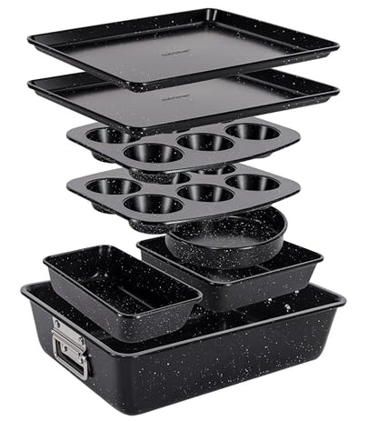 NutriChef 8-Piece Stackable Bakeware Set - Carbon Steel Non-Stick Baking Pan Set, Sheet, Muffin, Round, Loaf, Square Cake & Deep Pans, 450°F Heat Resistant, Standard & Convection Ovens (Black Marble)