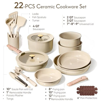 CAROTE 22PCS Pots and Pans set Non Stick, Ceramic Cookware Set, RV Kitchen Cooking Set Removable Handles, Oven Safe, Induction Coolware, Non-toxic Kitchen Cooking Set, PFAS and PFOA Free