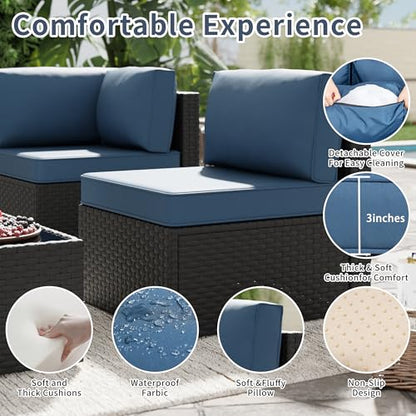 SUNLEI 5 Piece Patio Furniture Set, Outdoor Rattan Sectional Sofa with Coffee Table, Low-Back Modular Patio Conversation Set with Washable Cushions, Black Rattan, Aegean Blue