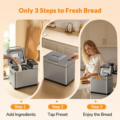 Manastin 19-in-1 Bread Maker Pro, 2LB Bread Machine with Fruit and Nut Dispenser, Stainless Steel Housing, Nonstick Baking Pan, 2 Pound Bread Maker Machine, Ideal Kitchen Gift for Home Bakers
