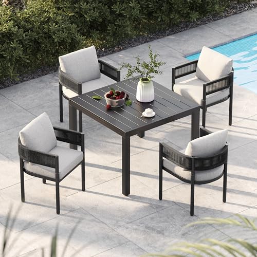 Grand patio 5-Piece Outdoor Dining Set for 4 with 1 Rectangle Expandable Table for 4-6 Person, Metal Woven Wicker Fixed Patio Chairs with Thickened Cushions for Yard, Poolside (Black)