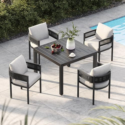 Grand patio 5-Piece Outdoor Dining Set for 4 with 1 Rectangle Expandable Table for 4-6 Person, Metal Woven Wicker Fixed Patio Chairs with Thickened Cushions for Yard, Poolside (Black)
