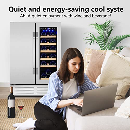 Velieta Wine and Beverage Refrigerator,24 Inch Dual Zone Wine Beverage Cooler, Built-in/Freestanding Beer and Wine Fridge with a Powerful Compressor, 20 Bottles and 88 Cans Capacity