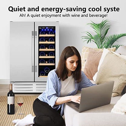Velieta Wine and Beverage Refrigerator,24 Inch Dual Zone Wine Beverage Cooler, Built-in/Freestanding Beer and Wine Fridge with a Powerful Compressor, 20 Bottles and 88 Cans Capacity