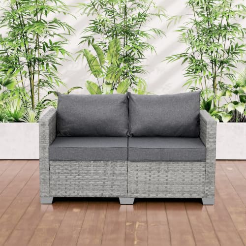 WAROOM Outdoor Patio Loveseat Wicker Small Couch 2-Seater Rattan Sofa Balcony Furniture Deep Seat Porch Seating, Grey Cushion