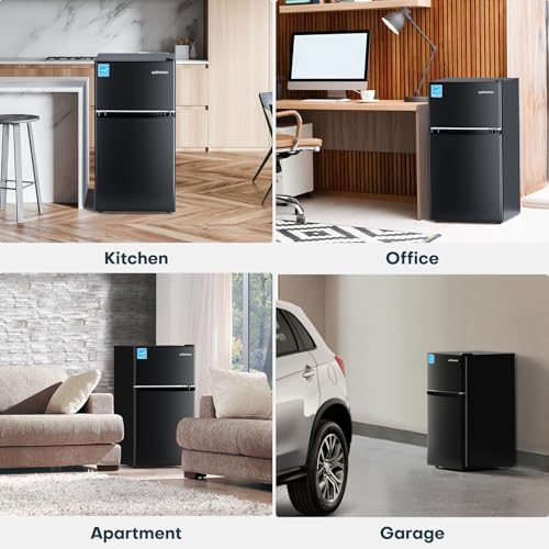 Upstreman 3.1 Cu.Ft Mini Fridge with Freezer, Double Door Small Fridge, Dorm Essentials, Adjustable Thermostat, Energy Saving, Mini Refrigerator for Office, Dorm, Bedroom, Black