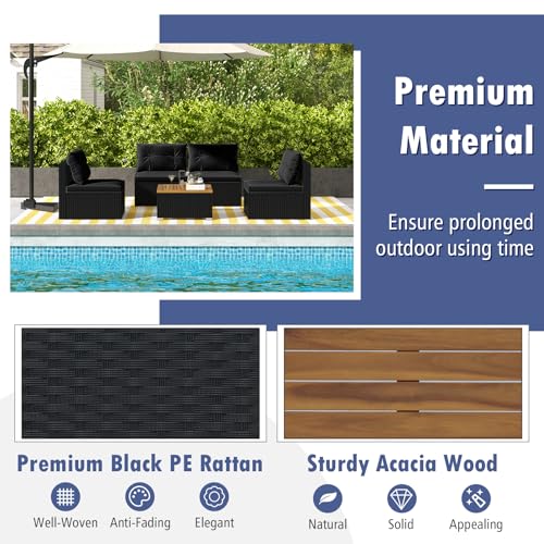 Tangkula 5 Pieces Wicker Patio Furniture Set, Outdoor 4 Armless Rattan Sofa & Coffee Table Set, with Cushions, Acacia Wood Tabletop, Sectional Patio Conversation Set for Lawn, Yard, Poolside, Black