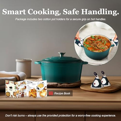 Overmont Enameled Cast Iron Dutch Oven - 7QT Pot with Lid Cookbook & Cotton Potholders - Heavy-Duty Cookware for Braising, Stews, Roasting, Sourdough Baking bottle green
