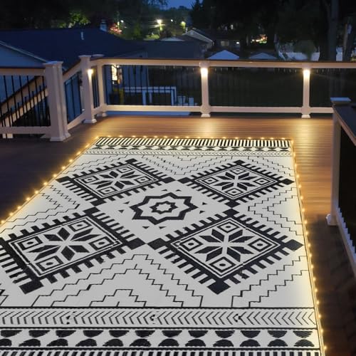 DiiKoo Waterproof Outdoor Rug Mat for Patio, Waterproof Plastic Straw Rugs for Patio RV Camping Picnic Balcony, Boho3 LED3 (Black&White)/8x10ft with LED Lights