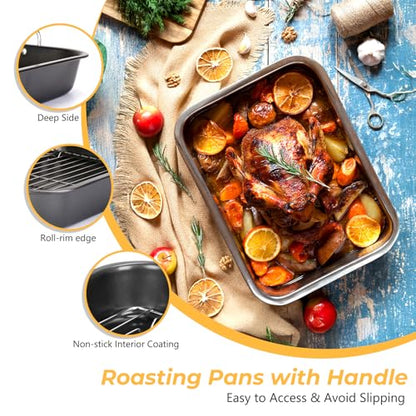 Nonstick Roasting Pan with Rack, 14.5x11.4’’ Baking Pan for Oven with Rack & Silicon Hand Clip, Heavy Duty Dishwasher Safe Rectangular Lasagna Pan with Handle for Turkey Chicken, Dark Grey
