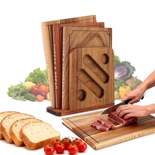 Hoforife Wooden Cutting Boards Set That Look Like Books, 3-Piece Acacia, Sapele & Peruvian Walnut Book Shaped Cutting Board with Stand Decorative & Functional Cutting Boards for Kitchen（Natural Wood）