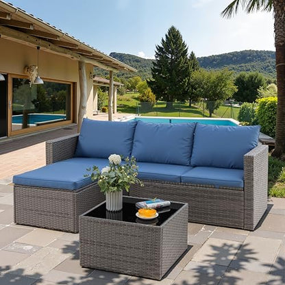 Shintenchi Outdoor Sectional Patio Furniture Set 4-Piece, All-Weather PE Rattan Sofa Couch with Cushions & Storage Coffee Table for Yard, Garden, Porch, Poolside (Blue)