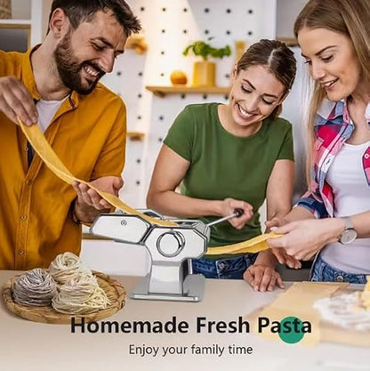 Manual Pasta Maker Machine, 2 in 1 Noodle Maker with Rollers and Cutter, 7 Adjustable Thickness Settings, Perfect for Spaghetti, Fettuccini, Lasagna or Dumpling Skin Silver