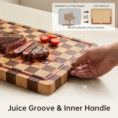 THETCHRY Cutting Boards for Kitchen, Checkered Cutting Board Upgraded, Acacia Wood Chopping Board with Juice Grooves & Handles, Large Butcher Block Serving Tray with Gift Box, 17"X12"X0.8"