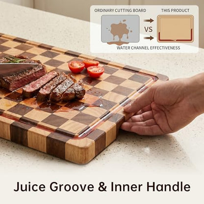 THETCHRY Cutting Boards for Kitchen, Checkered Cutting Board Upgraded, Acacia Wood Chopping Board with Juice Grooves & Handles, Large Butcher Block Serving Tray with Gift Box, 17"X12"X0.8"