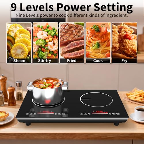 VBGK 2 burner Induction cooktop,110V 4000Winduction hot plate with touch Control,9 Power Levels, Kids Lock & Timer,LED touch control 2ourner induction cooker