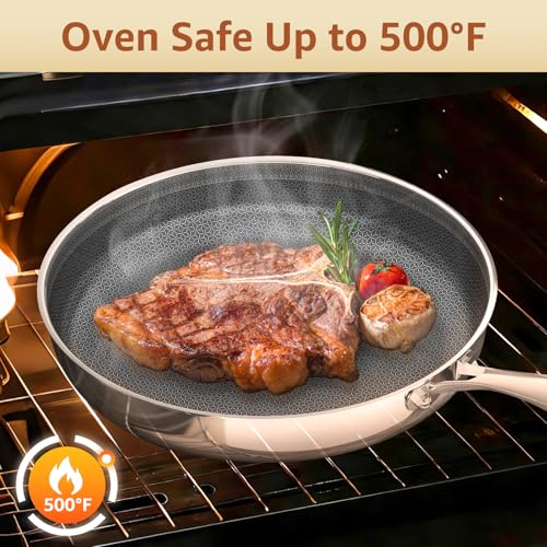 LOLYKITCH 12 Inch Nonstick Frying Pan with Lid, Stainless Steel Hybrid Skillet for Indution, Detachable Handle, Dishwasher and Oven Safe, PFOA Free Pans for Everyday Cooking