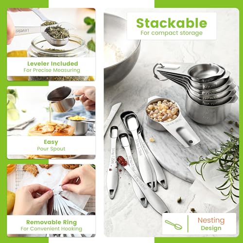 Spring Chef Stainless Steel Measuring Cups and Spoons Set of 14 with Leveler, Nesting Kitchen Metal Measuring Cups and Spoons Set for Dry and Liquid Ingredients, Perfect for Cooking & Baking
