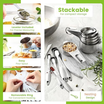 Spring Chef Stainless Steel Measuring Cups and Spoons Set of 14 with Leveler, Nesting Kitchen Metal Measuring Cups and Spoons Set for Dry and Liquid Ingredients, Perfect for Cooking & Baking