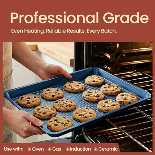 Diamond Bottom Cookie Sheet Set of 2, Nonstick Blue Carbon Steel Baking Pans for Crisp Baking, Space-Saving Stackable Trays, PFOA, PFOS, PTFE Free, Oven Safe Up to 450°F, Small & Medium Pans