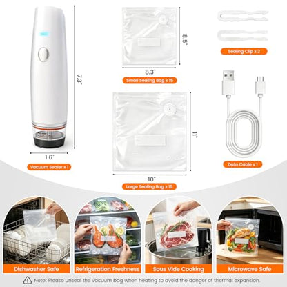 -80kPa Compact Vacuum Sealer for Food (Vacuum Sealer Machine + 30 Reusable Bags), 1200mAh Rechargeable Handheld Vacuum Sealer Machine Portable Mini Food Sealer for Sous Vide & Meal Prep-cold white