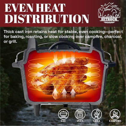 HITROCK Cast Iron Camp Dutch Oven with Legs 9QT, Pre-Seasoned Camping Dutch Oven with Lid, Outdoor Pot with Lid Lifter, Storage Bag & Handle for Camping, Baking, Grilling, Rounded-square Shape