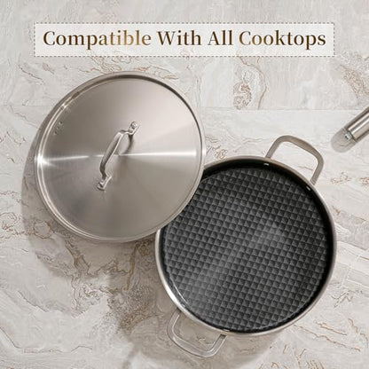 DELARLO 8 Quart Tri-Ply Stainless Steel Non Stick Braiser Pan with Lid, 13 Inch Deep Frying Pan, Large Saute Pan, Jumbo Cooker, Induction Compatible, Heavy Duty and Oven Safe