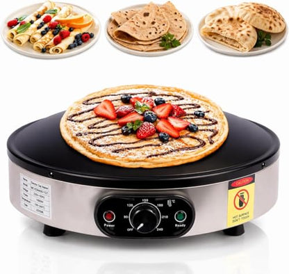 SuYiFan Crepe Makers, 16-Inch Electric Roti and Tortilla Maker, 1600W Large Non-Stick Convex Dome Griddle, Commercial Grade Saj Bread Maker & Crepe Machine, Adjustable Temp up to 460°F,Stainless Steel