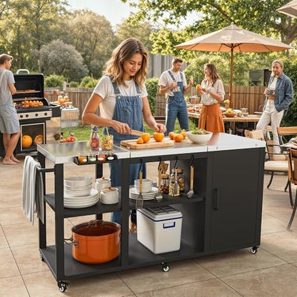 YITAHOME Big Green Egg Grill Table with Removable Stainless Steel Tabletop, Outdoor Kitchen Island with Spice Rack, Paper Towel Holder, and Trash Bag Holder, BBQ Prep Table for Parties