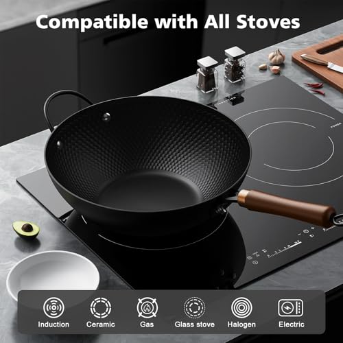 Todlabe 13-Inch Carbon Steel Wok Pan with Glass Lid, Naturally Nonstick Pre-Seasoned Woks & Stir-Fry Pans, No Chemical Coating, Flat Bottom for Induction, Gas, Electric, Halogen & All Stoves