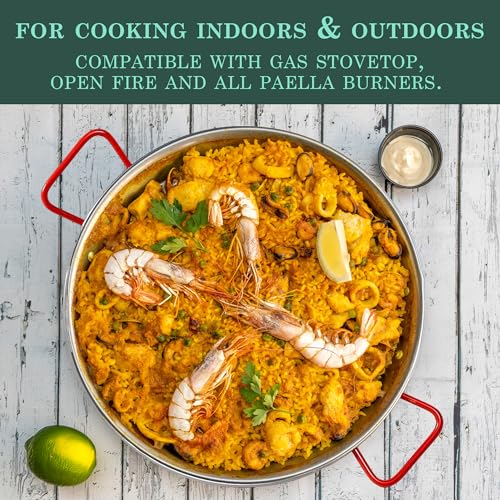 Gourmanity 15 inch Carbon Steel Paella Pan, 38cm Polished Steel Large Skillet From Spain, Great for Paella Parties Indoors, Outdoors, Camping & More, Imported Spanish Paellera, Made by Garcima