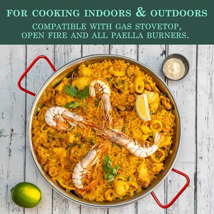 Gourmanity 15 inch Carbon Steel Paella Pan, 38cm Polished Steel Large Skillet From Spain, Great for Paella Parties Indoors, Outdoors, Camping & More, Imported Spanish Paellera, Made by Garcima