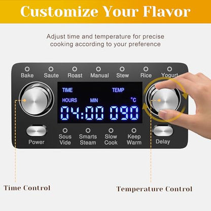 SUNVIVIPRO 12-in-1 Programmable Slow Cooker, 8 Quart Digital Multi-Cooker Food Warmer with Timer, Temp Control & Auto Shut Off, Removable Non-Stick Pot, Dishwasher-Safe Glass Lid, Stainless Steel