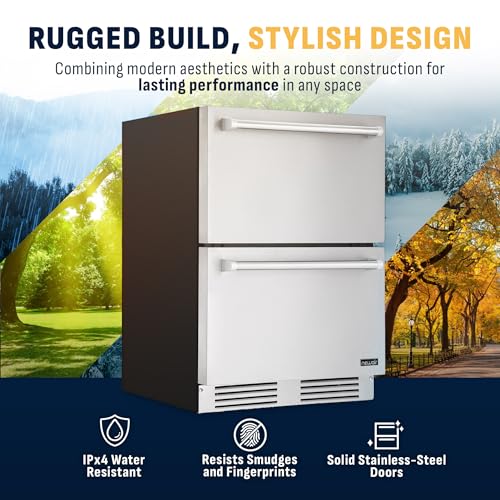 NewAir 24” Dual Zone Outdoor Beverage Fridge and Freezer | Freestanding or Built-In Under counter Refrigerator for Outside Patio | Dual Drawers that Refrigerate and Freeze | Stainless Steel
