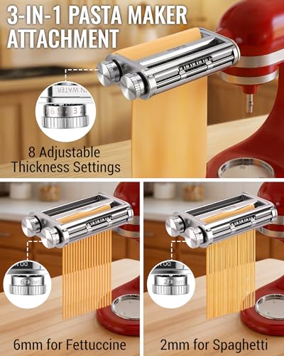 Pasta Maker Attachment for KitchenAid Stand Mixers, 3-in-1 Pasta Roller & Cutter Set with Spaghetti and Fettuccine Cutter Blades, Adjustable 8 Thickness Settings, Durable Metal Construction