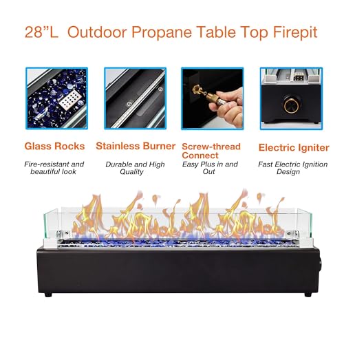 28-inch Table Top Propane Fire Pit, 40,000 BTU Tabletop Firepit for Patio, Outdoor Portable Rectangular Fire Bowl w/Wind Glass Shield, Glass Rocks - Black