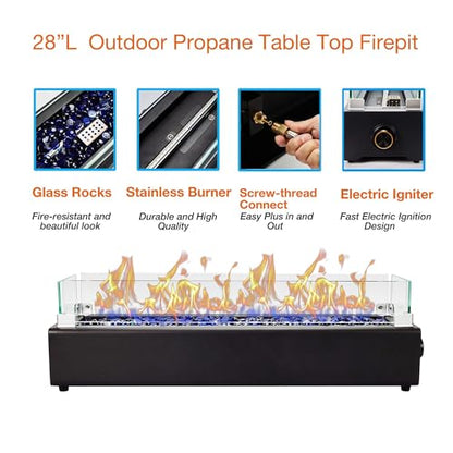 28-inch Table Top Propane Fire Pit, 40,000 BTU Tabletop Firepit for Patio, Outdoor Portable Rectangular Fire Bowl w/Wind Glass Shield, Glass Rocks - Black