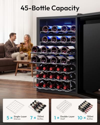 EUHOMY 45 Bottle Wine Cooler Refrigerator, Wine Fridge with Glass Door for Red, White and Champagne, Mini Fridge with Adjust Temperature for Home Kitchen Bar 4.5 Cu.ft, Black