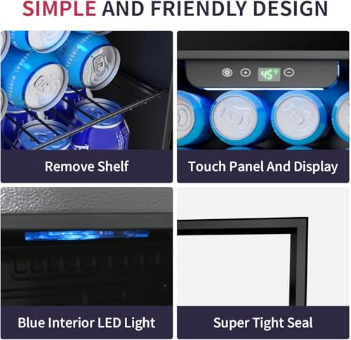 Icyglee 48 Can Beverage Refrigerator Cooler, Mini Fridge Glass Door with Adjustable Shelves, Freestanding Beverage Fridge with Blue LED for Home/Office/Dorm/Bar, 1.3 Cu.ft