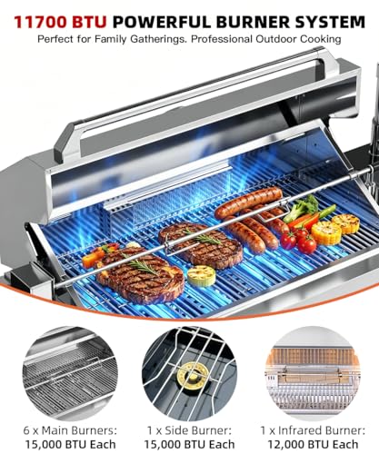 Outdoor Kitchen Island Barbecue Grill with Refrigerator & Rotisserie, Heavy-Duty Stainless Steel Freestanding Grills Station, Weather-Resistant Cooking Cabinet for Backyard & Summer Propane Gas