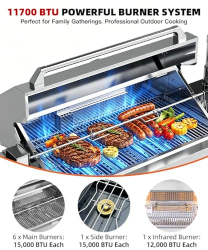 Outdoor Kitchen Island Barbecue Grill with Refrigerator & Rotisserie, Heavy-Duty Stainless Steel Freestanding Grills Station, Weather-Resistant Cooking Cabinet for Backyard & Summer Propane Gas