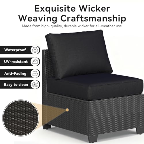 Aoxun 10-Piece Sectional Sofa with 44" Fire Pit, 4" Thicken Cushion, Widen Armrests Wicker for Backyard with Coffee Table, Black