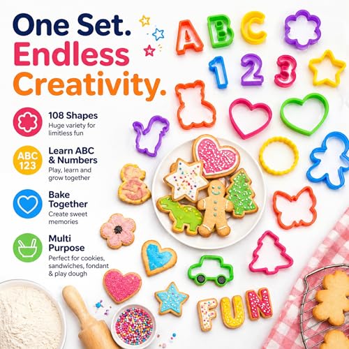 108PCS Shape Cookie Cutters Bulk – Big Plastic Baking Cookie Cutters Variety Pack for All Purpose, Alphabet Numbers Animals Hearts and Other Shapes for Baking Bento Box Bakeware Holiday Birthday Party