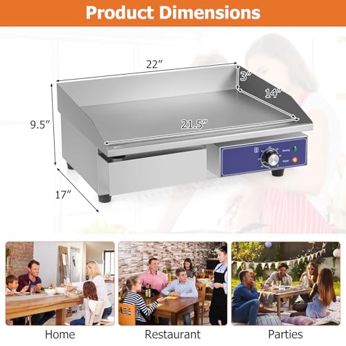 Happygrill 22" Commercial Electric Griddle, Stainless Steel Flat Top Grill w/Adjustable Temperature Control 122℉-572℉, Complete Accessories, 2000 W Electric Countertop Griddle for Kitchen Restaurant